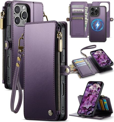 for iPhone 16 Pro Max Wallet Case Magnetic [Compatible with Magsafe] [RFID Blocking Card Holder] [Zipper] Strap Detachable Drop-proof Protective Phone Cases for iPhone 16 Pro Max 6.9", Purple in Saudi Arabia