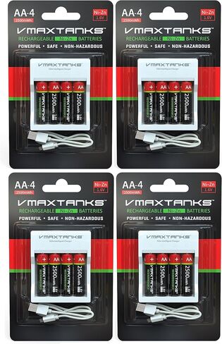 VMAX AA-4CH Ni-Zn Rechargeable AA 4 Pack Batteries for High Drain Devices + Charger 1.6V 2500mWh + Storage Case (4 Packs of (4)) in Saudi Arabia