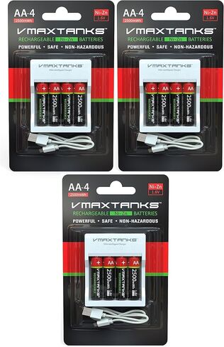 VMAX AA-4CH Ni-Zn Rechargeable AA 4 Pack Batteries for High Drain Devices + Charger 1.6V 2500mWh + Storage Case (4 Packs of (4)) in Saudi Arabia