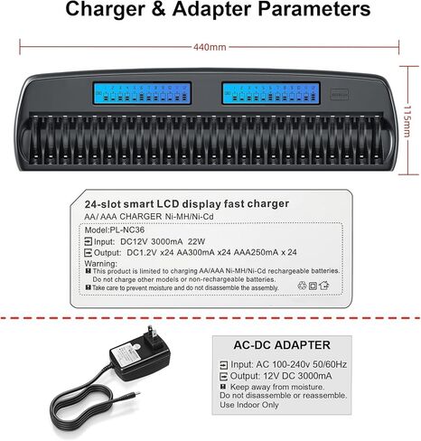 24 Bay Battery Charger with Discharge Function, Smart Independent LCD Display AA AAA Rechargeable Large Battery Charger for 1.2V AA/AAA NiMH/NiCd Rechargeable Batteries in Saudi Arabia