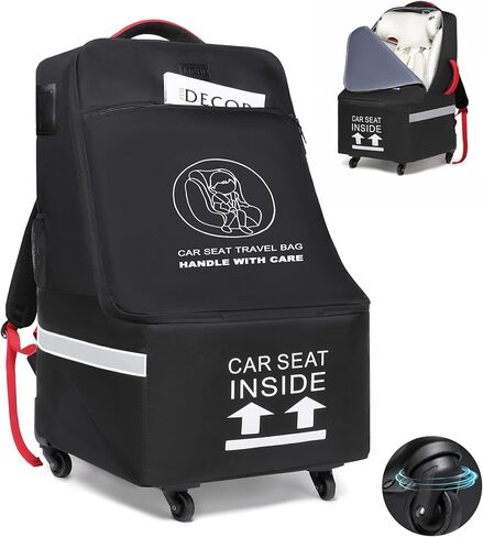 حقيبة سفر لمقعد السيارة من MCBD للطائرة ذات العجلات، حقيبة ظهر مبطنة لمقعد السيارة للأطفال لبوابة المطار وفحص الناقل تناسب المقعد الداعم والأمتعة غطاء مقعد السيارة للأطفال الصغار مع شرائط عاكسة، أسود in Kuwait