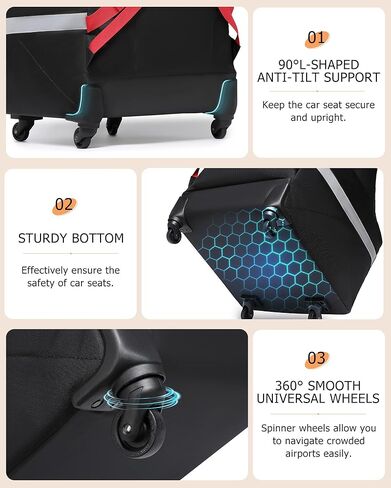 حقيبة سفر لمقعد السيارة من MCBD للطائرة ذات العجلات، حقيبة ظهر مبطنة لمقعد السيارة للأطفال لبوابة المطار وفحص الناقل تناسب المقعد الداعم والأمتعة غطاء مقعد السيارة للأطفال الصغار مع شرائط عاكسة، أسود in Kuwait