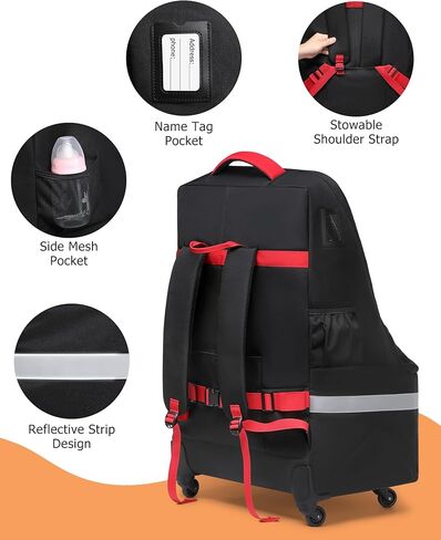 حقيبة سفر لمقعد السيارة من MCBD للطائرة ذات العجلات، حقيبة ظهر مبطنة لمقعد السيارة للأطفال لبوابة المطار وفحص الناقل تناسب المقعد الداعم والأمتعة غطاء مقعد السيارة للأطفال الصغار مع شرائط عاكسة، أسود in Kuwait