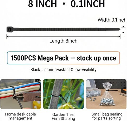 1500 Pack 8 Inch Black Nylon Cable Ties, Heavy-Duty Weather Resistant Zip Ties for Indoor Outdoor Use, Holiday Decor, Electronics, Gardening in Saudi Arabia