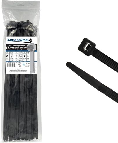 Kable Kontrol Cold Weather Cable Zip Ties 100 Pcs 18 Inch Black, 120 Lbs Tensile Strength, Self-locking UV Resistant Nylon Wire Ties, Up to -40°F Outdoor Use in Saudi Arabia