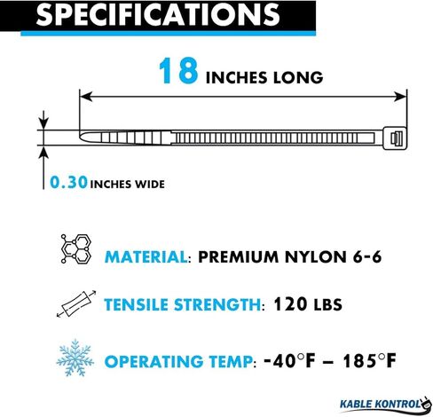 Kable Kontrol Cold Weather Cable Zip Ties 100 Pcs 18 Inch Black, 120 Lbs Tensile Strength, Self-locking UV Resistant Nylon Wire Ties, Up to -40°F Outdoor Use in Saudi Arabia