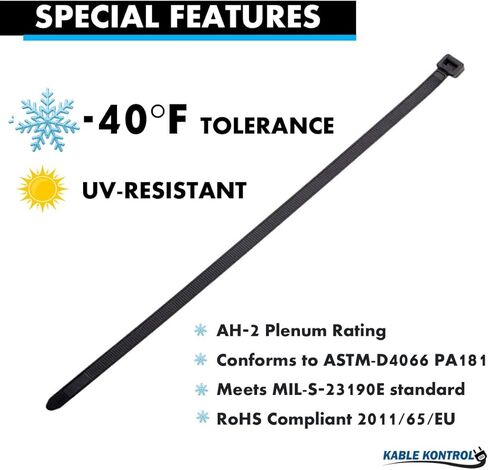 Kable Kontrol Cold Weather Cable Zip Ties 100 Pcs 18 Inch Black, 120 Lbs Tensile Strength, Self-locking UV Resistant Nylon Wire Ties, Up to -40°F Outdoor Use in Saudi Arabia