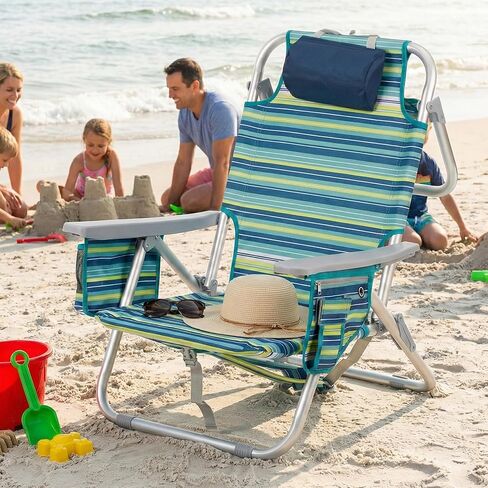 Aluminum Backpack Low Profile Beach Chair - 5-Position Lay Flat Reclining Folding Chair with Removable Cooler Bag - Heavy Duty 330 lbs Capacity, Lightweight Portable Sand Seat - Striped Green in Saudi Arabia