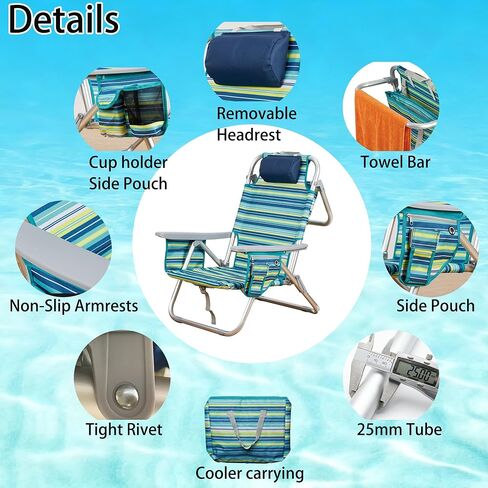 Aluminum Backpack Low Profile Beach Chair - 5-Position Lay Flat Reclining Folding Chair with Removable Cooler Bag - Heavy Duty 330 lbs Capacity, Lightweight Portable Sand Seat - Striped Green in Saudi Arabia