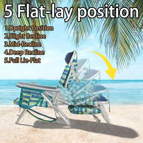 Aluminum Backpack Low Profile Beach Chair - 5-Position Lay Flat Reclining Folding Chair with Removable Cooler Bag - Heavy Duty 330 lbs Capacity, Lightweight Portable Sand Seat - Striped Green in Saudi Arabia