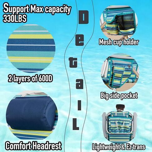 Aluminum Backpack Low Profile Beach Chair - 5-Position Lay Flat Reclining Folding Chair with Removable Cooler Bag - Heavy Duty 330 lbs Capacity, Lightweight Portable Sand Seat - Striped Green in Saudi Arabia