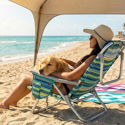 Aluminum Backpack Low Profile Beach Chair - 5-Position Lay Flat Reclining Folding Chair with Removable Cooler Bag - Heavy Duty 330 lbs Capacity, Lightweight Portable Sand Seat - Striped Green in Saudi Arabia