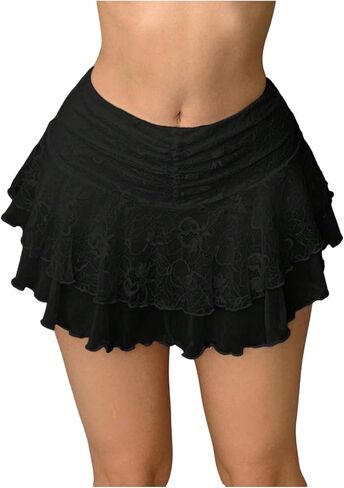 Milumia Women's Lace Mini Skirt Ruffle Mesh Low Waist Y2k Ruched Layered Short Skirts in Saudi Arabia