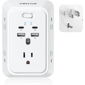 محول منفذ VINTAR من 2 إلى 3 شوكات، شريط طاقة 2 شوكة مع 5 منافذ تيار متردد و4 USB (2 USB C)، قابس مستقطب، واقي من زيادة التيار متباعدة على نطاق واسع من 3 جوانب، حامل على الحائط للمنازل والفنادق القديمة بمقابس غير مؤرضة in Kuwait