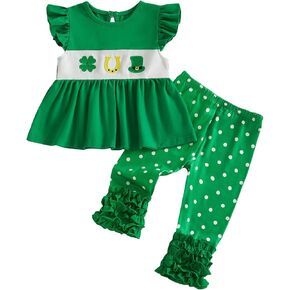 Toddler Girl St Patrick's Day Outfit Embroidery Ruffle Flutter Sleeve Tunic Dress Top Dot Ruffle Pants 2Pcs Clothes in Kuwait