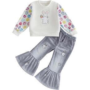 Toddler Baby Girl St Patricks Day Outfit Clover Long Sleeve Sweatshirt Denim Bell Bottom Jeans Spring Clothes Set in Kuwait