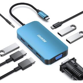 Benfei 11-in-1 USB C Hub Triple Display Display Station Dual HDMI ، VGA ، 3*USB 3.0 ، 1GBPS Ethernet ، تسليم الطاقة 100W ، قارئ بطاقة SD/TF ، 3.5 ملم AUX Audio متوافق مع MacBook XPS Surface in Kuwait