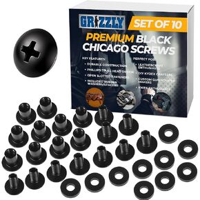 Grizzly Black Chicago Screws, 1/4 Inch for Leather/Kydex Gun Holsters/Clips and Knife Sheaths, Phillips Truss Heads and Open Slotted Fasteners with Rubber Washers/Spacers in Kuwait