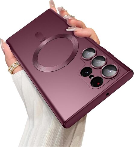حافظة مغناطيسية لهاتف سامسونج جالاكسي S22 الترا [متوافقة مع MagSafe] [واقي عدسة الكاميرا المدمج] حافظة هاتف رفيعة وناعمة من السيليكون مقاومة للصدمات ذات بريق معدني (عنابي) in Kuwait