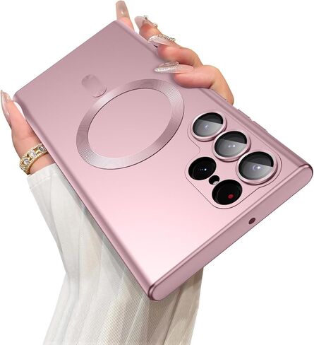حافظة مغناطيسية لهاتف سامسونج جالاكسي S22 الترا [متوافقة مع MagSafe] [واقي عدسة الكاميرا المدمج] حافظة هاتف رفيعة وناعمة من السيليكون مقاومة للصدمات ذات بريق معدني (عنابي) in Kuwait
