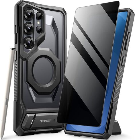 TONGATE Magnetic for Samsung Galaxy S25 Ultra Case with Aluminum Alloy Stand, Privacy Screen Protector, Compatible with MagSafe, TPU Anti-slip Edge, Military Grade Protection Case for S25 Ultra, Black in Saudi Arabia