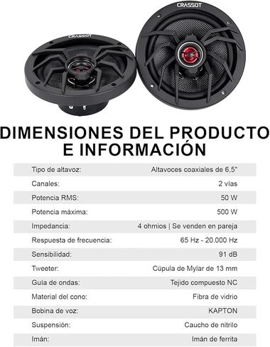 6.5 Inch Car Door Coaxial Speaker, 4 Ohm, 500 Watt Max Power, 50 Watt RMS, Full-Fit Front Audio Speakers with Rich Bass,1 Pair in Saudi Arabia