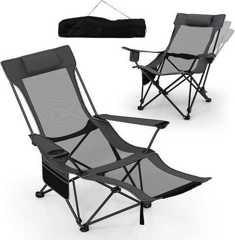 Goplus Camping Lounge Chair w/Detachable Footrest, Folding Beach Chair w/4-position Backrest, Carrying Bag, Removable Pillow, Cup Holder, Storage Pouch, Reclining Chair, 330LBS Capacity (Grey,1) in Saudi Arabia