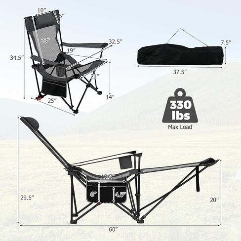 Goplus Camping Lounge Chair w/Detachable Footrest, Folding Beach Chair w/4-position Backrest, Carrying Bag, Removable Pillow, Cup Holder, Storage Pouch, Reclining Chair, 330LBS Capacity (Grey,1) in Saudi Arabia