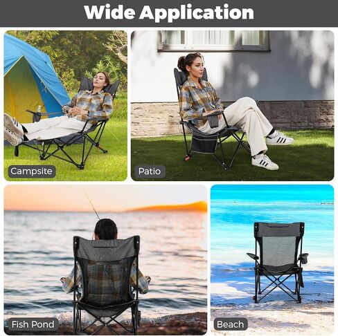 Goplus Camping Lounge Chair w/Detachable Footrest, Folding Beach Chair w/4-position Backrest, Carrying Bag, Removable Pillow, Cup Holder, Storage Pouch, Reclining Chair, 330LBS Capacity (Grey,1) in Saudi Arabia