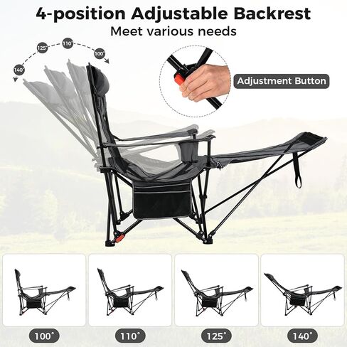 Goplus Camping Lounge Chair w/Detachable Footrest, Folding Beach Chair w/4-position Backrest, Carrying Bag, Removable Pillow, Cup Holder, Storage Pouch, Reclining Chair, 330LBS Capacity (Grey,1) in Saudi Arabia