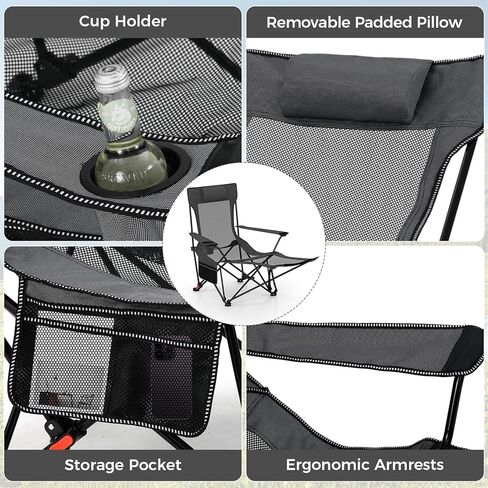 Goplus Camping Lounge Chair w/Detachable Footrest, Folding Beach Chair w/4-position Backrest, Carrying Bag, Removable Pillow, Cup Holder, Storage Pouch, Reclining Chair, 330LBS Capacity (Grey,1) in Saudi Arabia