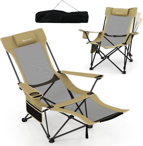 Goplus Camping Lounge Chair w/Detachable Footrest, Folding Beach Chair w/4-position Backrest, Carrying Bag, Removable Pillow, Cup Holder, Storage Pouch, Reclining Chair, 330LBS Capacity (Grey,1) in Saudi Arabia
