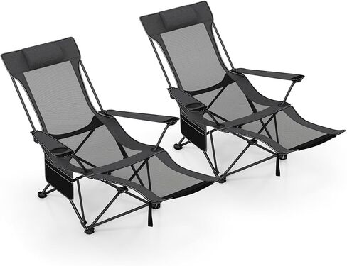 Goplus Camping Lounge Chair w/Detachable Footrest, Folding Beach Chair w/4-position Backrest, Carrying Bag, Removable Pillow, Cup Holder, Storage Pouch, Reclining Chair, 330LBS Capacity (Grey,1) in Saudi Arabia