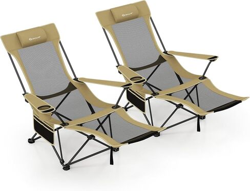 Goplus Camping Lounge Chair w/Detachable Footrest, Folding Beach Chair w/4-position Backrest, Carrying Bag, Removable Pillow, Cup Holder, Storage Pouch, Reclining Chair, 330LBS Capacity (Grey,1) in Saudi Arabia