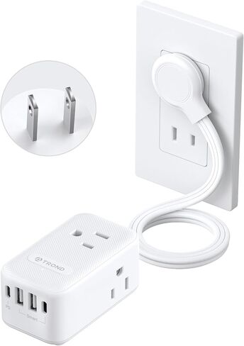 TROND 2 Prong Power Strip - 2 Prong to 3 Prong Outlet Adapter, 20W USB C Flat Plug Power Strip, 5 FT Ultra Flat Extension Cord, 1250W, 3 Outlets & 4 USB, Wall Mount, 3-Side Design, Ideal for Old House in Saudi Arabia
