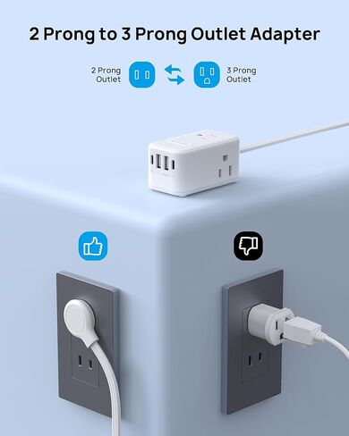 شريط طاقة TROND 2 Prong - محول مخرج 2 Prong إلى 3 Prong، شريط طاقة مسطح USB C بقدرة 20 وات، سلك تمديد مسطح للغاية بطول 5 أقدام، 1250 وات، 3 منافذ و4 USB، حامل على الحائط، تصميم ثلاثي الجوانب، مثالي للمنزل القديم in Kuwait