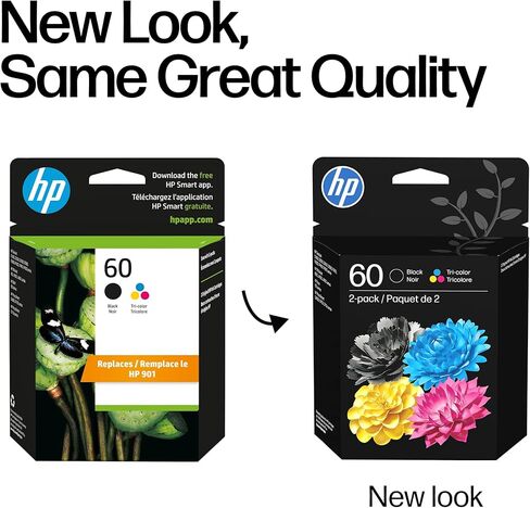 Original HP 60 Black/Tri-color Ink Cartridges (2-pack) | Works with DeskJet D1660, D2500, D2600, D5560, F2400, F4200, F4400, F4580; ENVY 100, 110, 120; PhotoSmart C4600, C4700, D110a Series | N9H63FN in Saudi Arabia