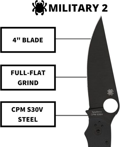 سكين جيب Spyderco Military 2 قابل للطي مع شفرة فولاذية 4 بوصات CPM S30V ومقبض G-10 - سكين EDC للرجال والنساء، مثالي للصيد والتكتيكي والتخييم والبقاء على قيد الحياة والمشي لمسافات طويلة - PlainEdge - C36GPBK2 in Kuwait