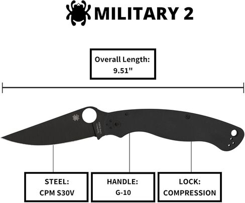 سكين جيب Spyderco Military 2 قابل للطي مع شفرة فولاذية 4 بوصات CPM S30V ومقبض G-10 - سكين EDC للرجال والنساء، مثالي للصيد والتكتيكي والتخييم والبقاء على قيد الحياة والمشي لمسافات طويلة - PlainEdge - C36GPBK2 in Kuwait