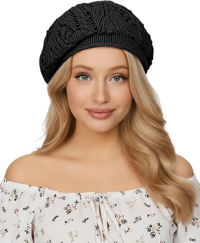 Babalet Women's Crochet Beret Hat Cotton French Beret for Women Slouchy Artist Painter Vintage Chic Knitted Beanie Hollow Out Beret Cap, Black in Kuwait