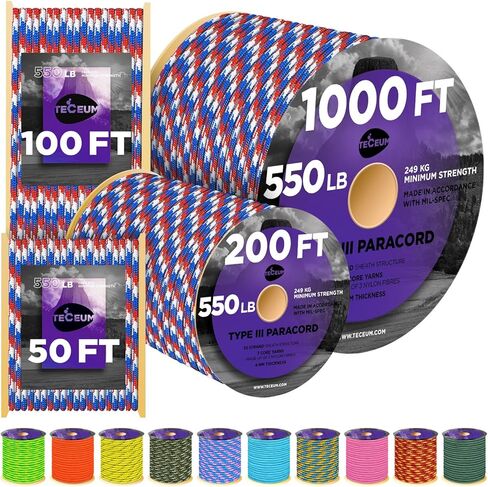 Teceum Paracord Type III 550 Crimson-50 ft-4mm-tactical rope mil-spec-ourdive para cord-camping meating fishing and equipment in Saudi Arabia