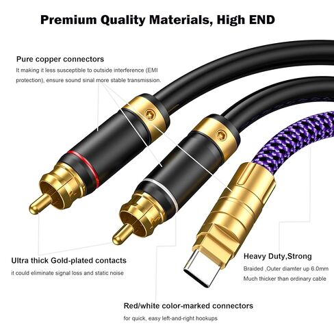 كابل صوت USB C إلى RCA، كابل ستيريو من النوع C إلى 2 RCA Y لسلسلة iPhone 16 15، كمبيوتر محمول لوحي إلى المسرح المنزلي ومكبر صوت DVD وستيريو السيارة (3.2 قدم/1 متر) in Kuwait
