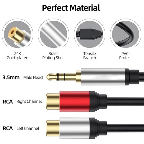 Aux to 2 RCA Cable 1ft, RCA Female to 3.5mm Male Cable Gold Plated 1/8 Jack Stereo Audio Converter Compatible with Stereo Speaker, HiFi Stereo System, Tablets, MP3 in Kuwait