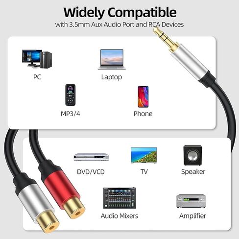 Aux to 2 RCA Cable 1ft, RCA Female to 3.5mm Male Cable Gold Plated 1/8 Jack Stereo Audio Converter Compatible with Stereo Speaker, HiFi Stereo System, Tablets, MP3 in Kuwait