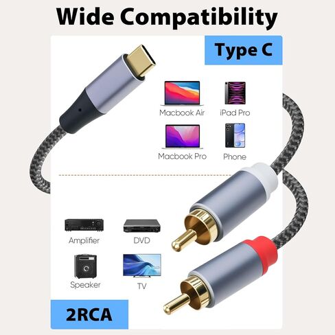 كابل Cyberguys USB C إلى RCA بطول 6.6 أقدام، كابل صوت من النوع C إلى RCA مع موصلات مدمجة مطلية بالذهب، محول USBC متوافق مع مكبر صوت Samsung Galaxy iPad Pro Pixel MacBook in Kuwait