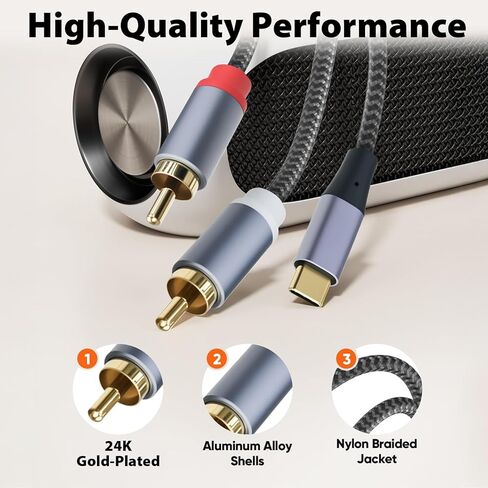 كابل Cyberguys USB C إلى RCA بطول 6.6 أقدام، كابل صوت من النوع C إلى RCA مع موصلات مدمجة مطلية بالذهب، محول USBC متوافق مع مكبر صوت Samsung Galaxy iPad Pro Pixel MacBook in Kuwait
