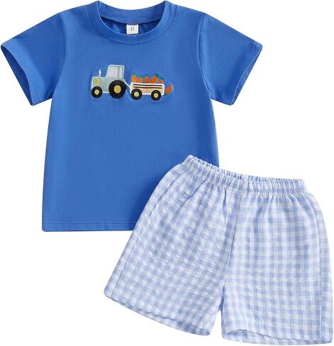 Kids Baby Boy Easter Rabbit Outfit Short Sleeve Bunny Carrot Smocked Shirt Gingham Seersucker Shorts Summer Clothes in Saudi Arabia