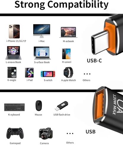 BOMIE USB C إلى USB محول 4 حزمة، 6A 120W شحن سريع 10 جيجابت في الثانية لنقل البيانات، USB C ذكر إلى USB 3.2 أنثى OTG محول للهاتف 15/16/17، وسادة، Ma-cBook Pro/Air، الهاتف الذكي، الكمبيوتر المحمول، الكمبيوتر اللوحي أسود in Kuwait