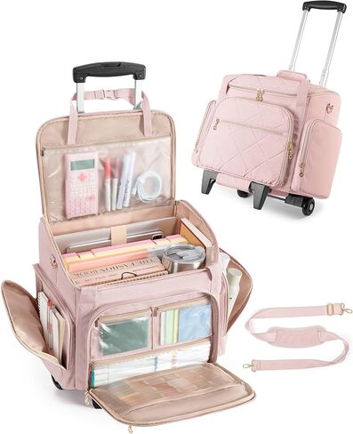Rolling Teacher Bag with 15.6" Laptop Compartment, Wheeled Work Briefcase Tote with Detachable Trolley for Women, Pink in Saudi Arabia