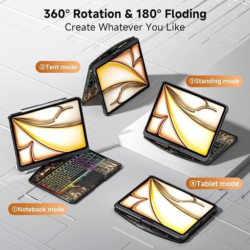 حافظة لوحة مفاتيح شفافة لجهاز iPad Air 11 بوصة (M3 2025/M2 2024)، Air 5th/4th Gen 10.9 بوصة وiPad Pro 11 بوصة (4th-1st) - لوحة تتبع متعددة اللمس، حامل دوار 360 درجة، إضاءة خلفية 7 ألوان، حامل أقلام رصاص، أسود in Kuwait